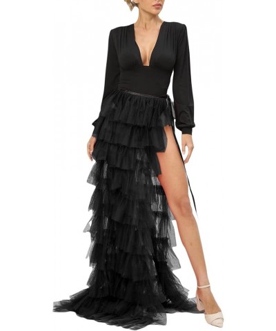 Women Tulle Tutu Long Skirts See-Through Layered Ruffled Slit Mesh Princess Skirt Cocktail Party Beach Skirts Black $7.99 Skirts