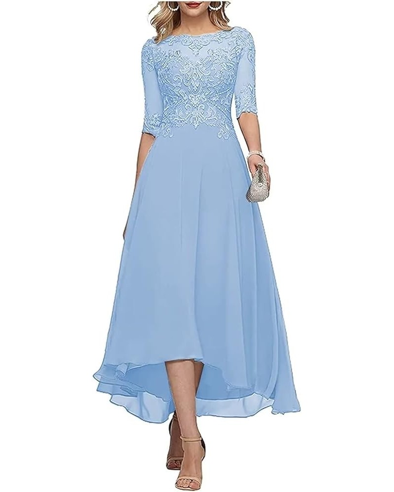 Mother of The Bride Dresses Women's Tea Length Bridesmaid Dress Short Sleeves Formal Evening Party Gowns for Wedding Light Bl...