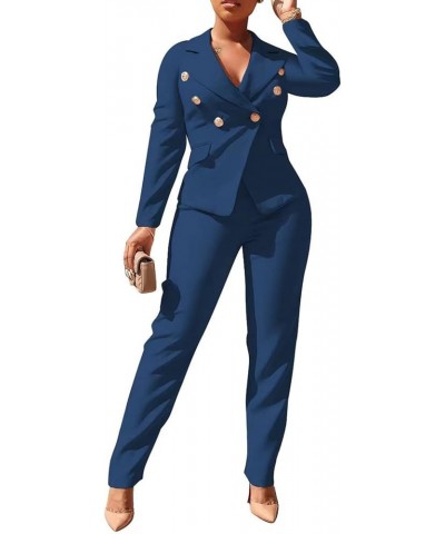 Women 2 Piece Outfits Suits Set Long Sleeve Button Blazer High Waisted Pants Jumpsuit for Business Work Blue $31.31 Suits