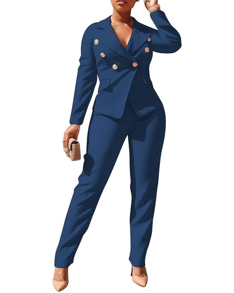 Women 2 Piece Outfits Suits Set Long Sleeve Button Blazer High Waisted Pants Jumpsuit for Business Work Blue $31.31 Suits