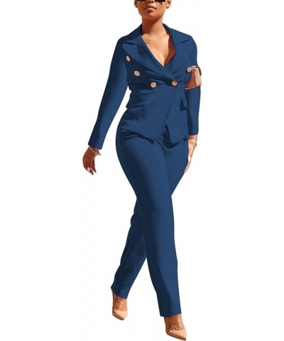 Women 2 Piece Outfits Suits Set Long Sleeve Button Blazer High Waisted Pants Jumpsuit for Business Work Blue $31.31 Suits