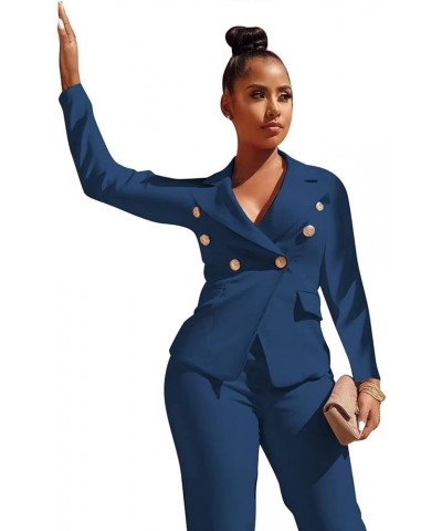 Women 2 Piece Outfits Suits Set Long Sleeve Button Blazer High Waisted Pants Jumpsuit for Business Work Blue $31.31 Suits