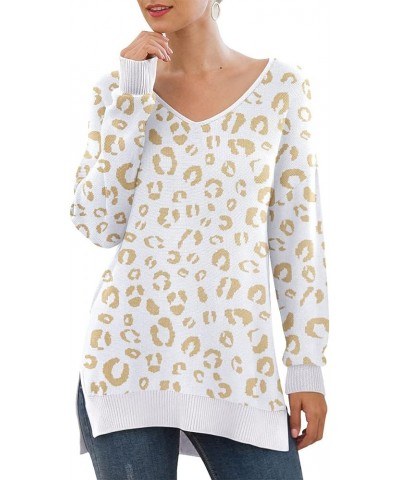 Women's V-Neck Long Sleeve Side Split Loose Casual Knit Pullover Sweater Blouse 18 Fp Leopard White $17.38 Sweaters