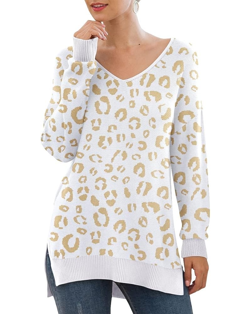 Women's V-Neck Long Sleeve Side Split Loose Casual Knit Pullover Sweater Blouse 18 Fp Leopard White $17.38 Sweaters