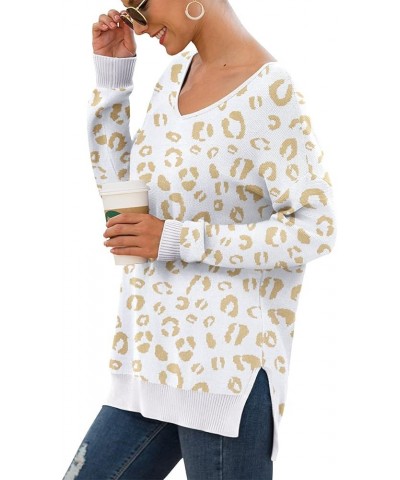 Women's V-Neck Long Sleeve Side Split Loose Casual Knit Pullover Sweater Blouse 18 Fp Leopard White $17.38 Sweaters