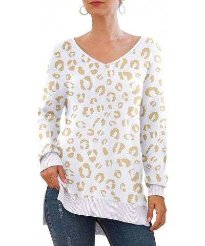 Women's V-Neck Long Sleeve Side Split Loose Casual Knit Pullover Sweater Blouse 18 Fp Leopard White $17.38 Sweaters