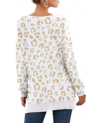 Women's V-Neck Long Sleeve Side Split Loose Casual Knit Pullover Sweater Blouse 18 Fp Leopard White $17.38 Sweaters