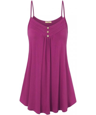 Women's Summer Button V Neck Pleated Spaghetti Strap Camisole Tank Tops (M-3XL) Magenta $10.50 Tanks