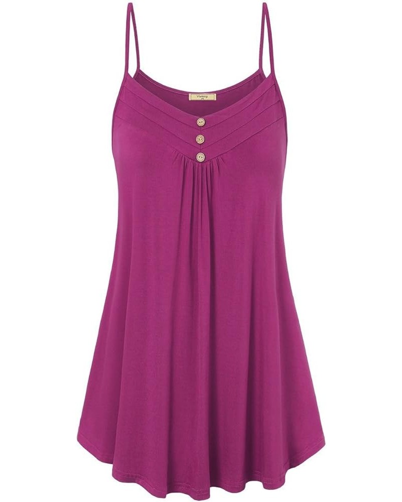 Women's Summer Button V Neck Pleated Spaghetti Strap Camisole Tank Tops (M-3XL) Magenta $10.50 Tanks