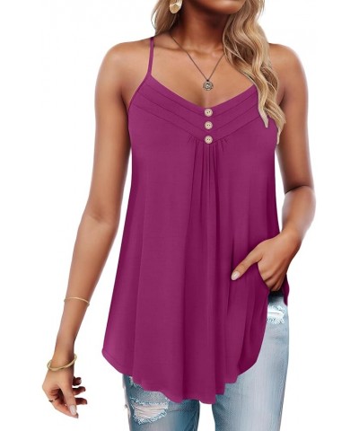 Women's Summer Button V Neck Pleated Spaghetti Strap Camisole Tank Tops (M-3XL) Magenta $10.50 Tanks