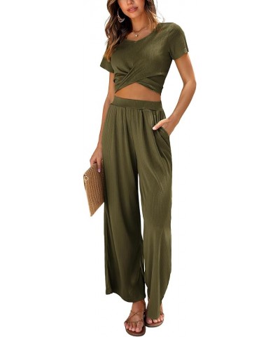 Womens Pajama Sets 2 Piece Lounge Set Short Sleeve Outfit Sets Ribbed Knot Crop Top Wide Leg Pants with Pockets Army Green $2...