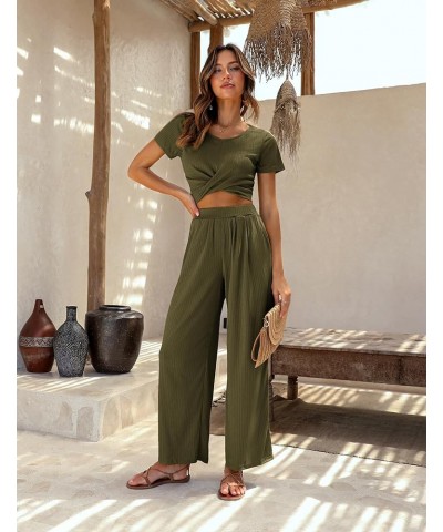 Womens Pajama Sets 2 Piece Lounge Set Short Sleeve Outfit Sets Ribbed Knot Crop Top Wide Leg Pants with Pockets Army Green $2...