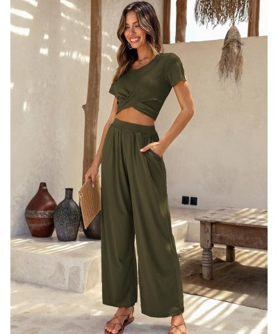 Womens Pajama Sets 2 Piece Lounge Set Short Sleeve Outfit Sets Ribbed Knot Crop Top Wide Leg Pants with Pockets Army Green $2...