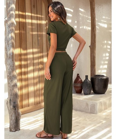 Womens Pajama Sets 2 Piece Lounge Set Short Sleeve Outfit Sets Ribbed Knot Crop Top Wide Leg Pants with Pockets Army Green $2...