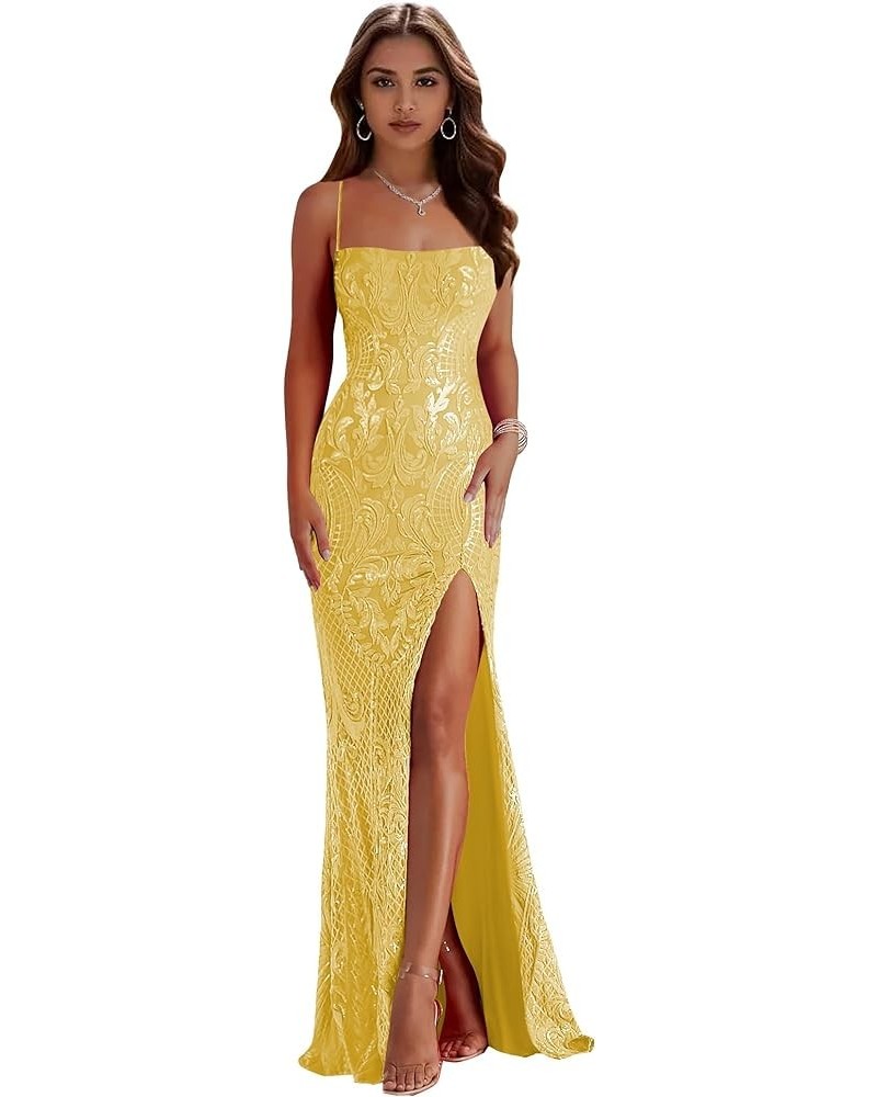 Women's Mermaid Sequin Dress Prom Gown Long Evening Dresses with Slit Spaghetti Straps Backless Cocktail Dress Yellow $29.90 ...