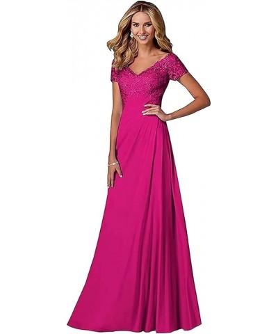 V Neck Appliques Mother of The Bride Dress Long Chiffon Prom Formal Evening Party Dresses for Women with Short Sleeves Hot Pi...