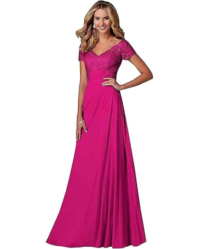 V Neck Appliques Mother of The Bride Dress Long Chiffon Prom Formal Evening Party Dresses for Women with Short Sleeves Hot Pi...