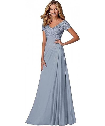 V Neck Appliques Mother of The Bride Dress Long Chiffon Prom Formal Evening Party Dresses for Women with Short Sleeves Hot Pi...