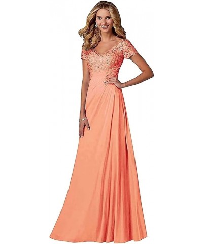 V Neck Appliques Mother of The Bride Dress Long Chiffon Prom Formal Evening Party Dresses for Women with Short Sleeves Hot Pi...