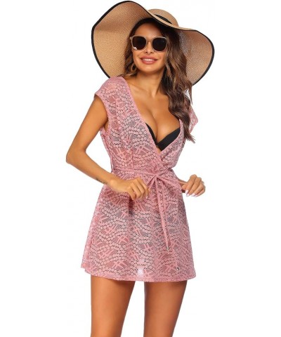 Women's Swimsuit Beach Cover Up Lace Bikini Beachwear Sheer Bathing Suit Coverups 02-pink $16.49 Swimsuits