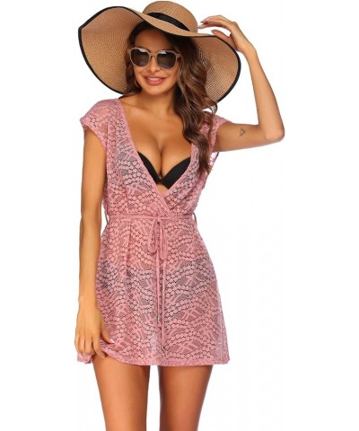 Women's Swimsuit Beach Cover Up Lace Bikini Beachwear Sheer Bathing Suit Coverups 02-pink $16.49 Swimsuits