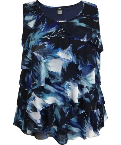 Women and Plus Size Printed Mesh Ruffle Tank (Small-5X) Navy Paint Tank $12.17 Tanks