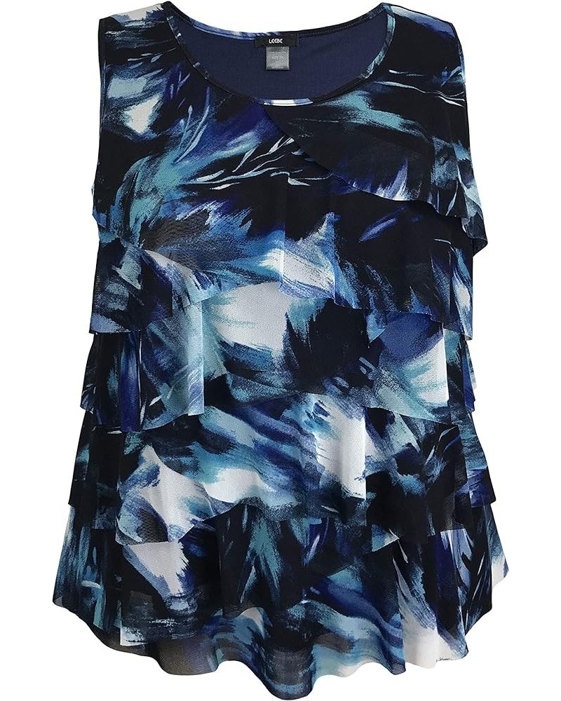 Women and Plus Size Printed Mesh Ruffle Tank (Small-5X) Navy Paint Tank $12.17 Tanks