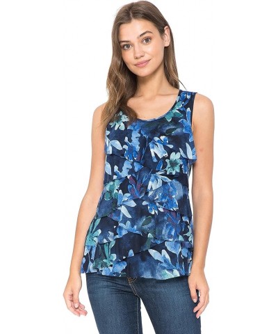 Women and Plus Size Printed Mesh Ruffle Tank (Small-5X) Navy Paint Tank $12.17 Tanks