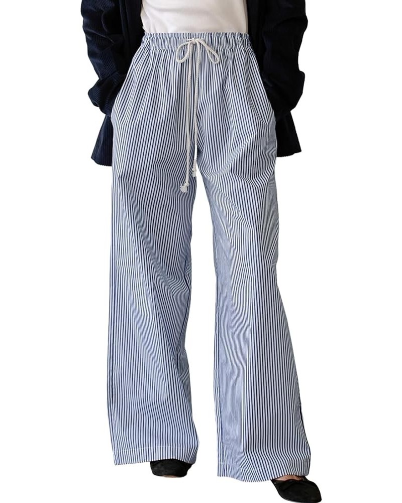 Women Y2K Striped Pants Low Rise Wide Leg Drawstring Loose Fit Lounge Pants with Pockets Comfy Ease PJ Bottoms Ac2-ac-dark Bl...