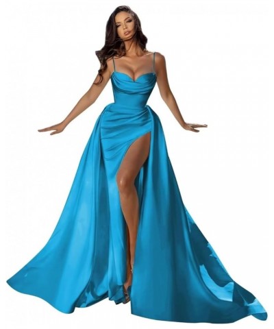 Spaghetti Straps Satin Prom Dresses for Women 2024 Sweetheart Mermaid Long Formal Evening Party Gowns with Slit Ocean Blue $2...