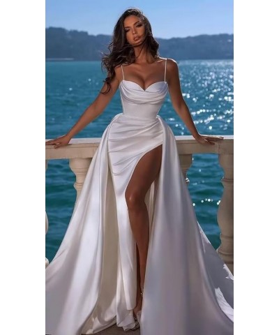 Spaghetti Straps Satin Prom Dresses for Women 2024 Sweetheart Mermaid Long Formal Evening Party Gowns with Slit Ocean Blue $2...