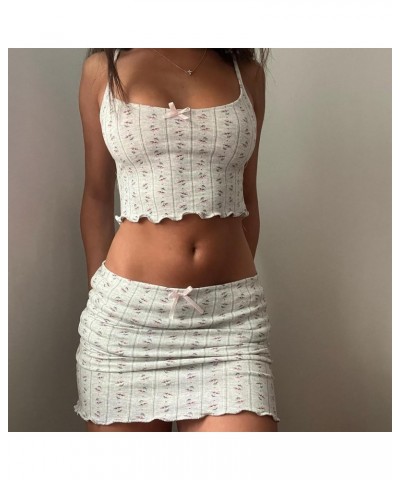 Women 2 Piece Short Mini Skirt Set Y2k Sleeveless Spaghetti Strap Cami Crop Top Sexy Bodycon Going Out Outfits White Ruffle F...