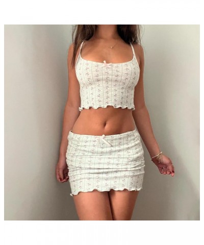 Women 2 Piece Short Mini Skirt Set Y2k Sleeveless Spaghetti Strap Cami Crop Top Sexy Bodycon Going Out Outfits White Ruffle F...