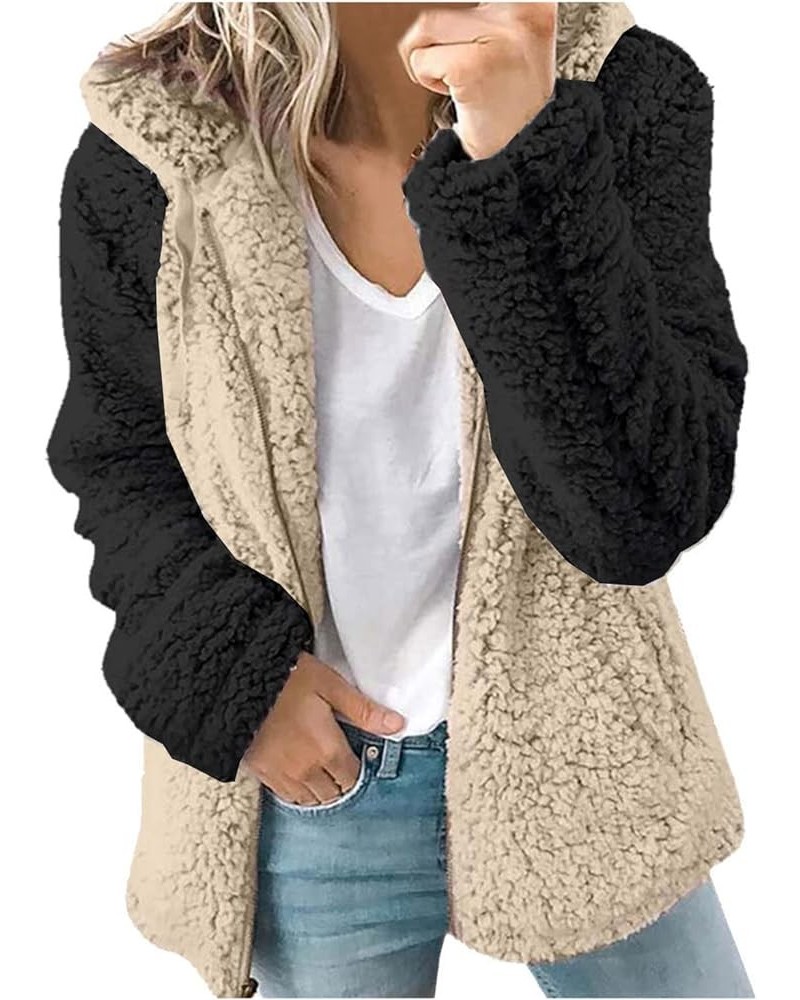 Teddy Jacket for Women Sherpa Zipped Hoodie Color Block Long Sleeve Soft Casual Lounge Outerwear Khaki 4 $9.54 Jackets