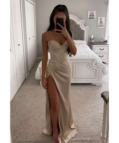 Women Spaghetti Strap Bridesmaid Dresses Satin V Neck Long Mermaid Prom Dresses with Slit Formal Evening Gowns RYA12 Champagn...