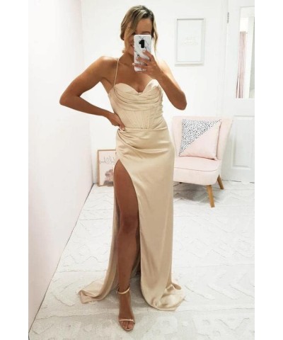 Women Spaghetti Strap Bridesmaid Dresses Satin V Neck Long Mermaid Prom Dresses with Slit Formal Evening Gowns RYA12 Champagn...