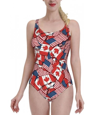 Women's Athletic Training Comfort One Piece Swimsuit Swimwear Bathing Suit Canadian American Flag Pattern $13.91 Swimsuits