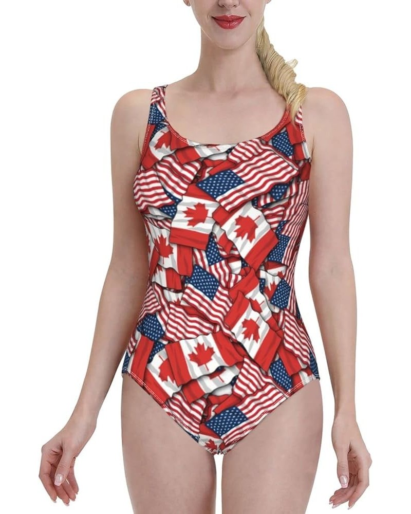 Women's Athletic Training Comfort One Piece Swimsuit Swimwear Bathing Suit Canadian American Flag Pattern $13.91 Swimsuits