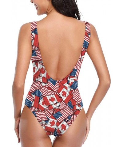 Women's Athletic Training Comfort One Piece Swimsuit Swimwear Bathing Suit Canadian American Flag Pattern $13.91 Swimsuits