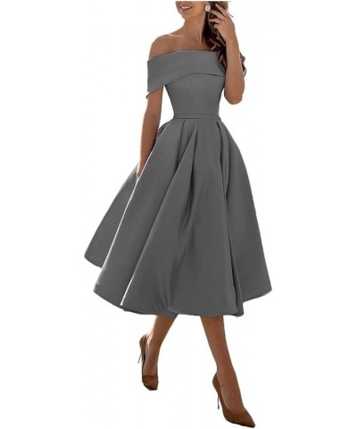 Off Shoulder Bridesmaid Dress with Pockets A Line Midi Homecoming Dress Satin Cocktail Dress BS234 A-grey $30.10 Dresses