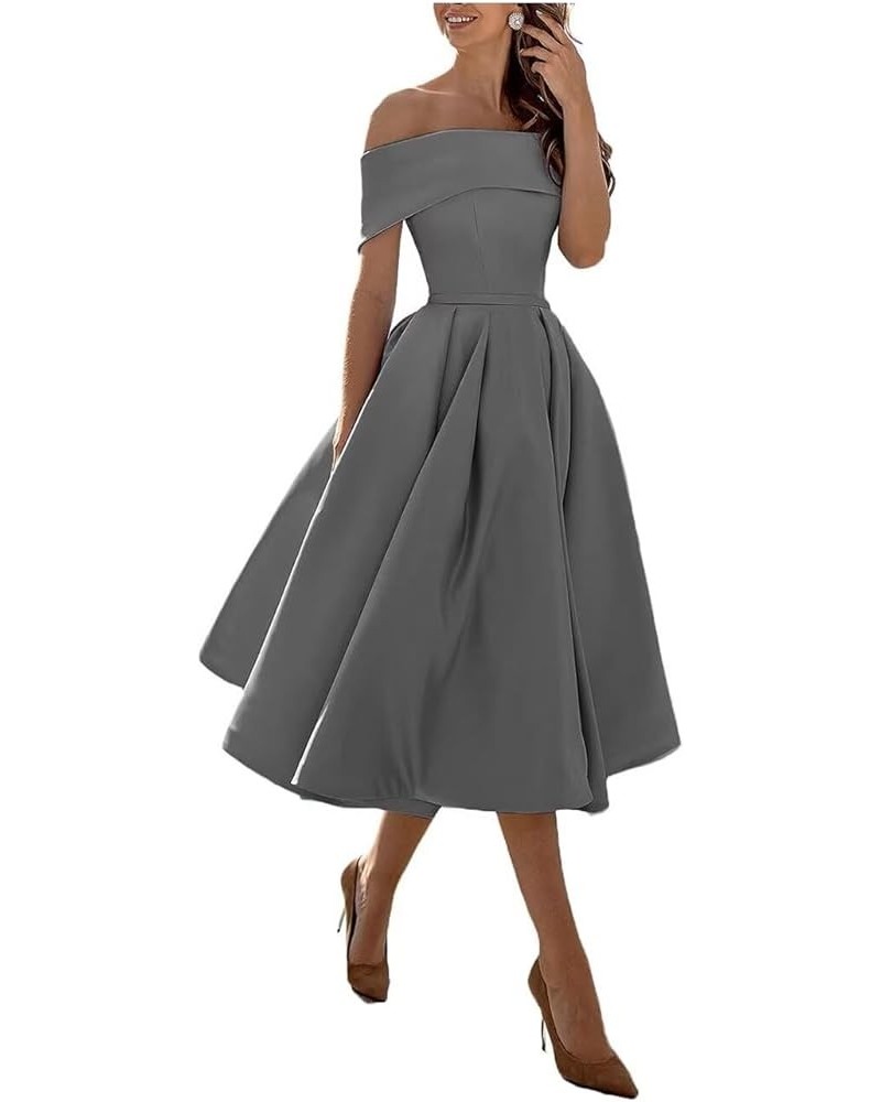 Off Shoulder Bridesmaid Dress with Pockets A Line Midi Homecoming Dress Satin Cocktail Dress BS234 A-grey $30.10 Dresses