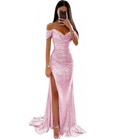 Sequin Prom Dresses for Women Off Shoulder Long Ball Gown with Slit Formal Evening Party Dress Pink $30.72 Dresses