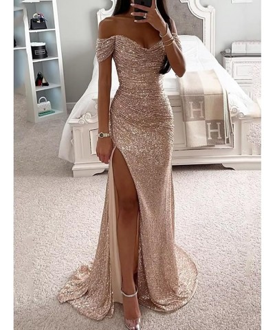 Sequin Prom Dresses for Women Off Shoulder Long Ball Gown with Slit Formal Evening Party Dress Pink $30.72 Dresses