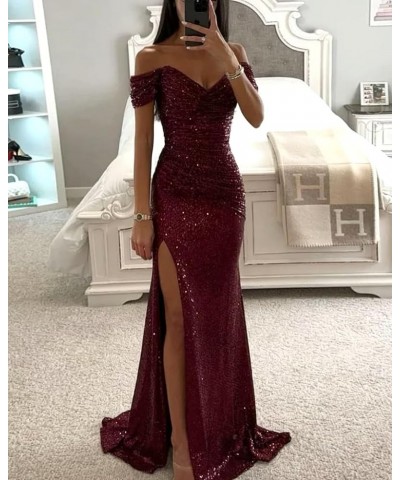 Sequin Prom Dresses for Women Off Shoulder Long Ball Gown with Slit Formal Evening Party Dress Pink $30.72 Dresses