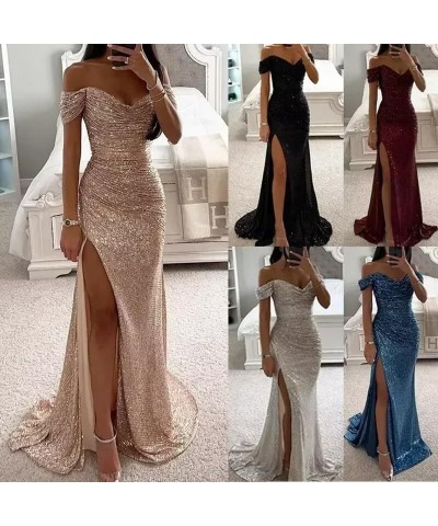 Sequin Prom Dresses for Women Off Shoulder Long Ball Gown with Slit Formal Evening Party Dress Pink $30.72 Dresses