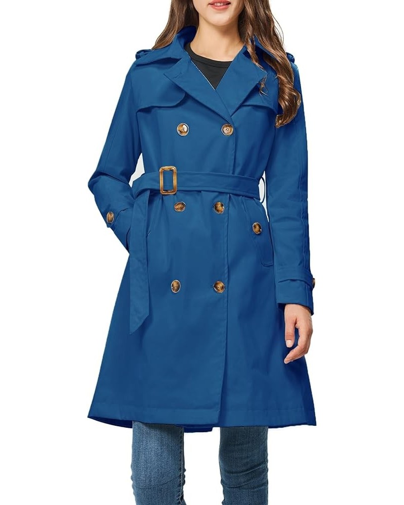 Women's Trench Coat Double Breasted Classic Lapel Overcoat Belted Jacket with Detachable Hood Navy Blue $34.44 Coats