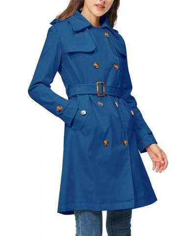 Women's Trench Coat Double Breasted Classic Lapel Overcoat Belted Jacket with Detachable Hood Navy Blue $34.44 Coats