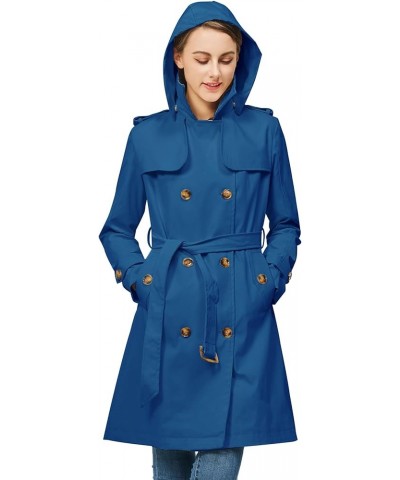 Women's Trench Coat Double Breasted Classic Lapel Overcoat Belted Jacket with Detachable Hood Navy Blue $34.44 Coats