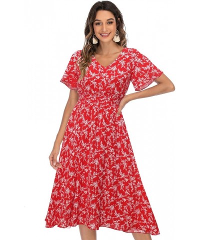 Chiffon Floral Summer Sun Beach Dresses for Women 2023 with V Neck Elastic Waist Red Floral $16.80 Dresses