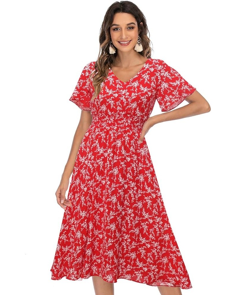 Chiffon Floral Summer Sun Beach Dresses for Women 2023 with V Neck Elastic Waist Red Floral $16.80 Dresses